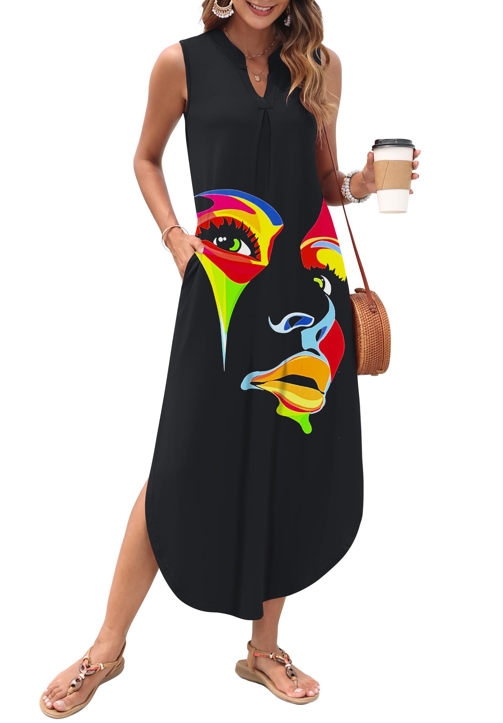 AUSELILY Womens Summer Casual Maxi Dresses 2026 Sleeveless Long Beach Dresses V Neck Loose Sundresses with Side Split Pockets