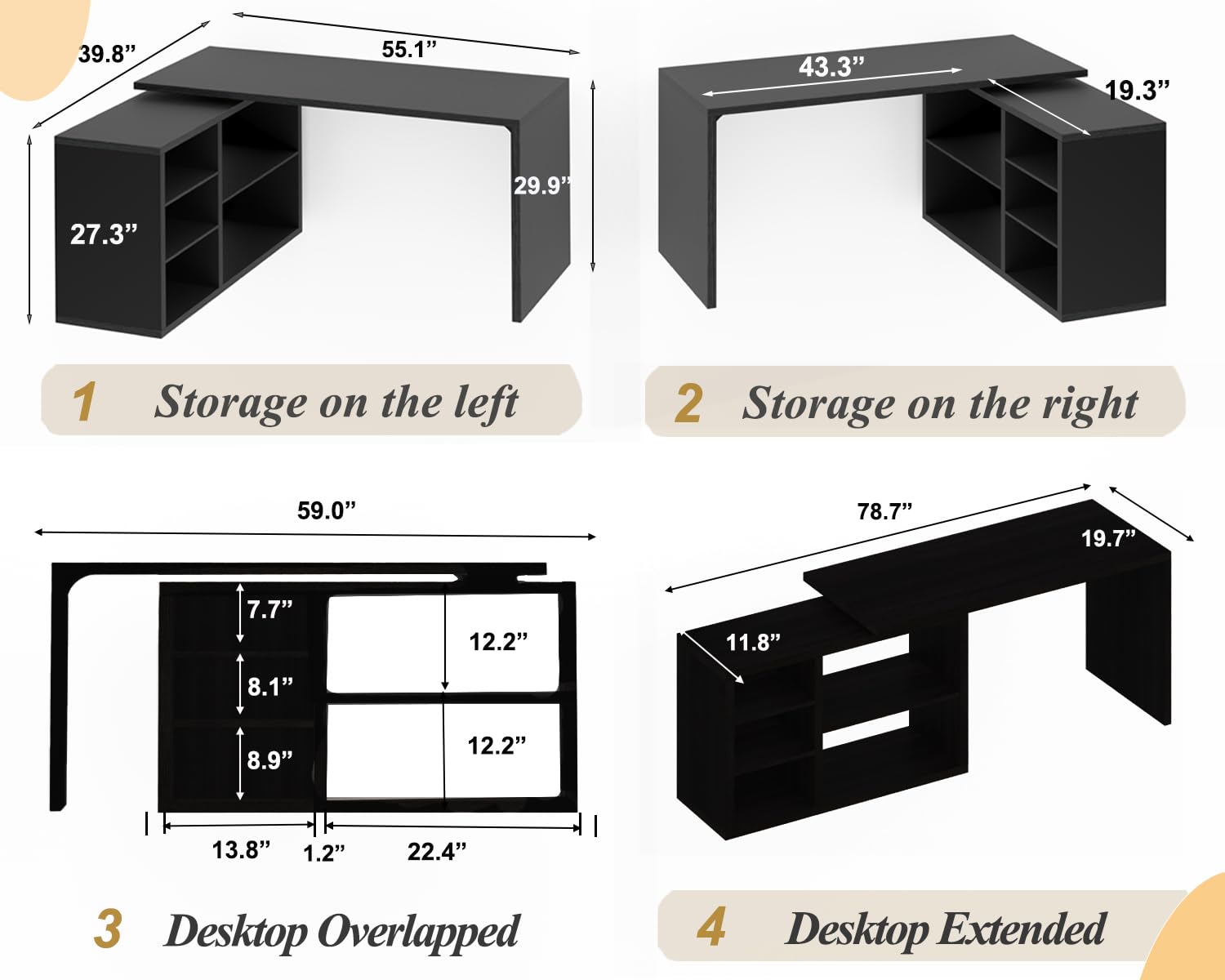 HSH Black L Shaped Computer Desk, Corner Desk with Storage Cabinet Shelves, Reversible Industrial Wood Executive Workstation, L-Shaped Home Office Table for Work Study Writing Gaming, 55 Inch