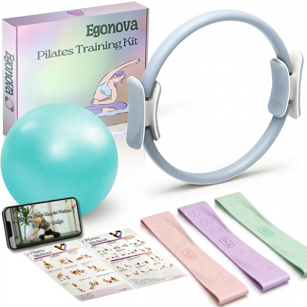 Pilates Ring Set: 14-Inch Magic Circle with Dual Padded Handles, Pilates Mini Ball, and Resistance Bands (15, 25, 35 lbs) for Strength, Flexibility, Stability, and Body Toning
