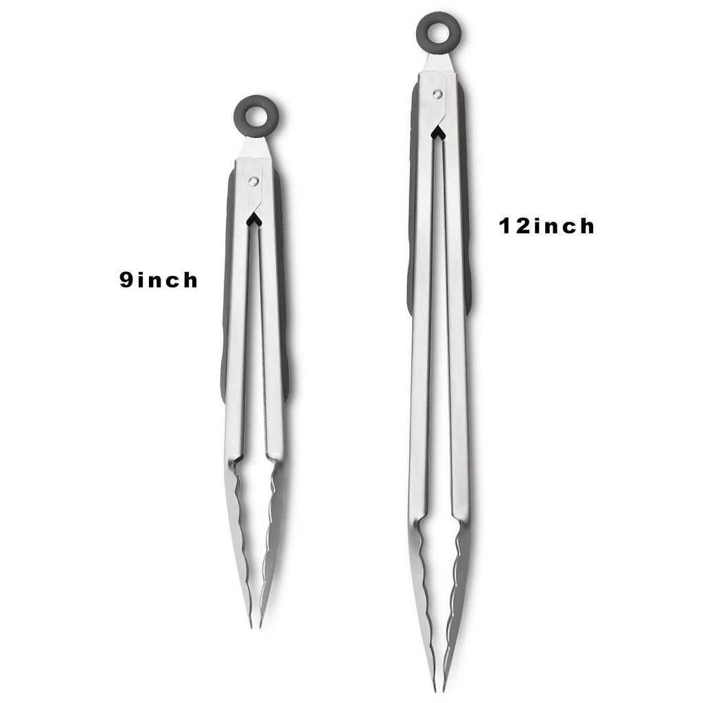 304 Stainless Steel Kitchen Cooking Tongs, 9" and 12" Set of 2 Sturdy Grilling Barbeque Brushed Locking Food Tongs with Ergonomic Grip, Black