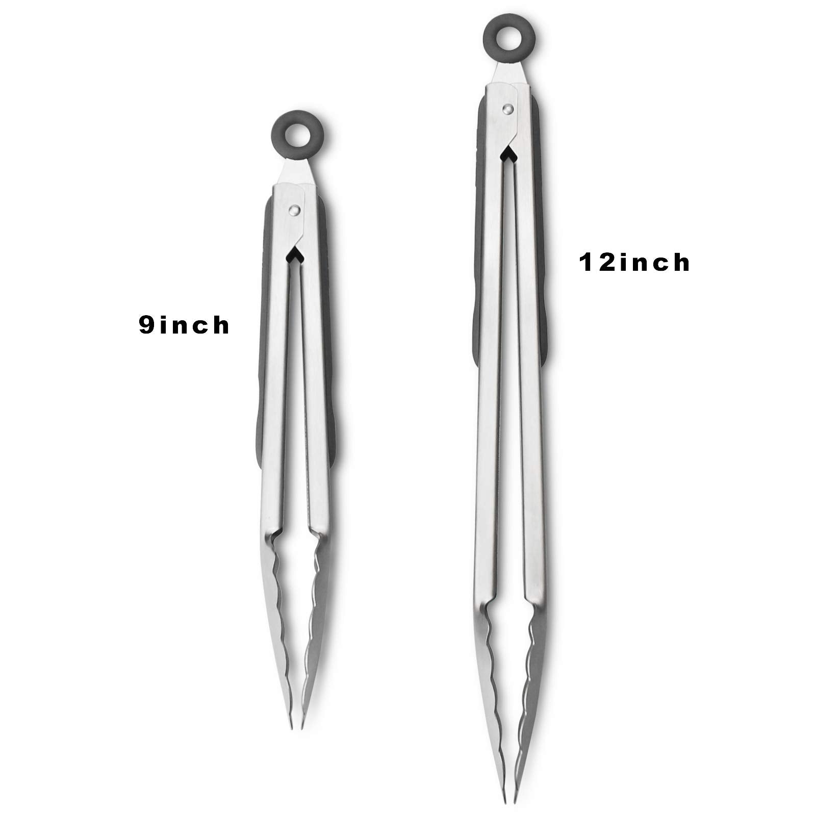 304 Stainless Steel Kitchen Cooking Tongs, 9" and 12" Set of 2 Sturdy Grilling Barbeque Brushed Locking Food Tongs with Ergonomic Grip, Black