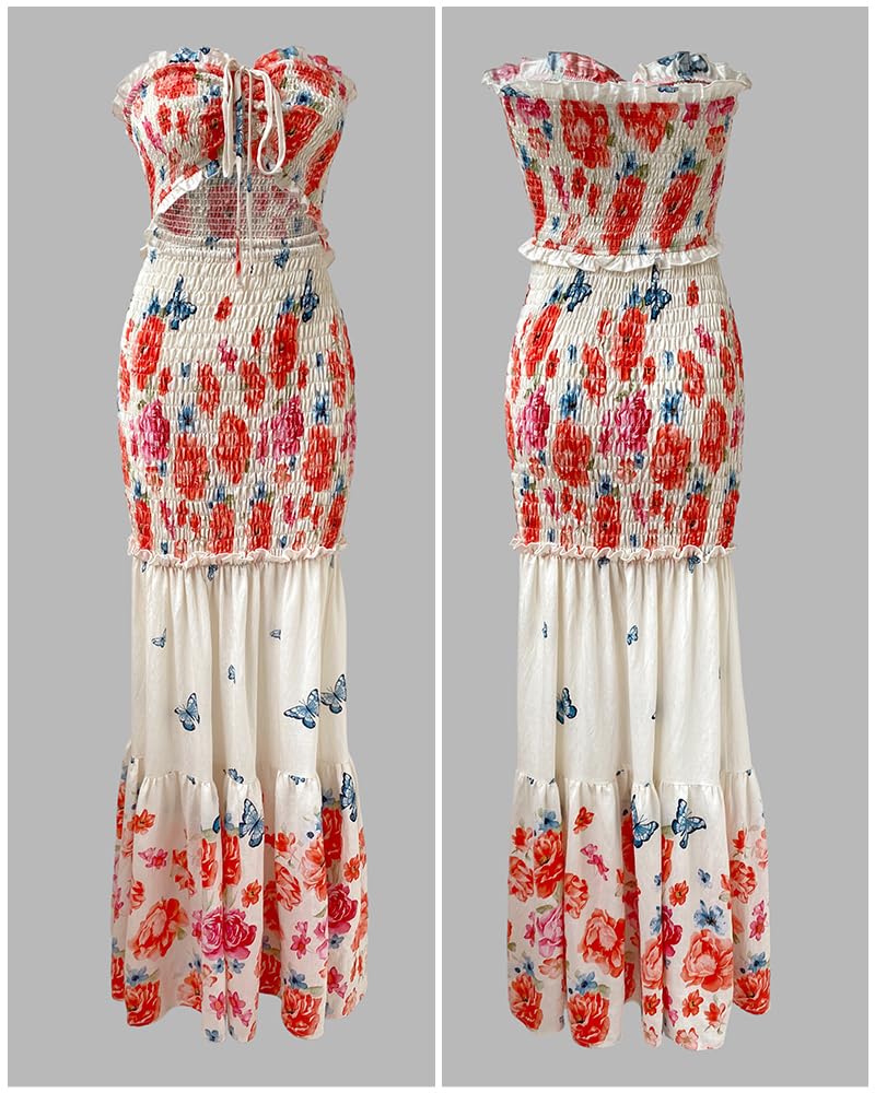 CHICME Floral Printed Vacation Dress Halter Tie Ruched Shirred Bandeau Party Dress Slim Ruffle Hem Wedding Guest Dress