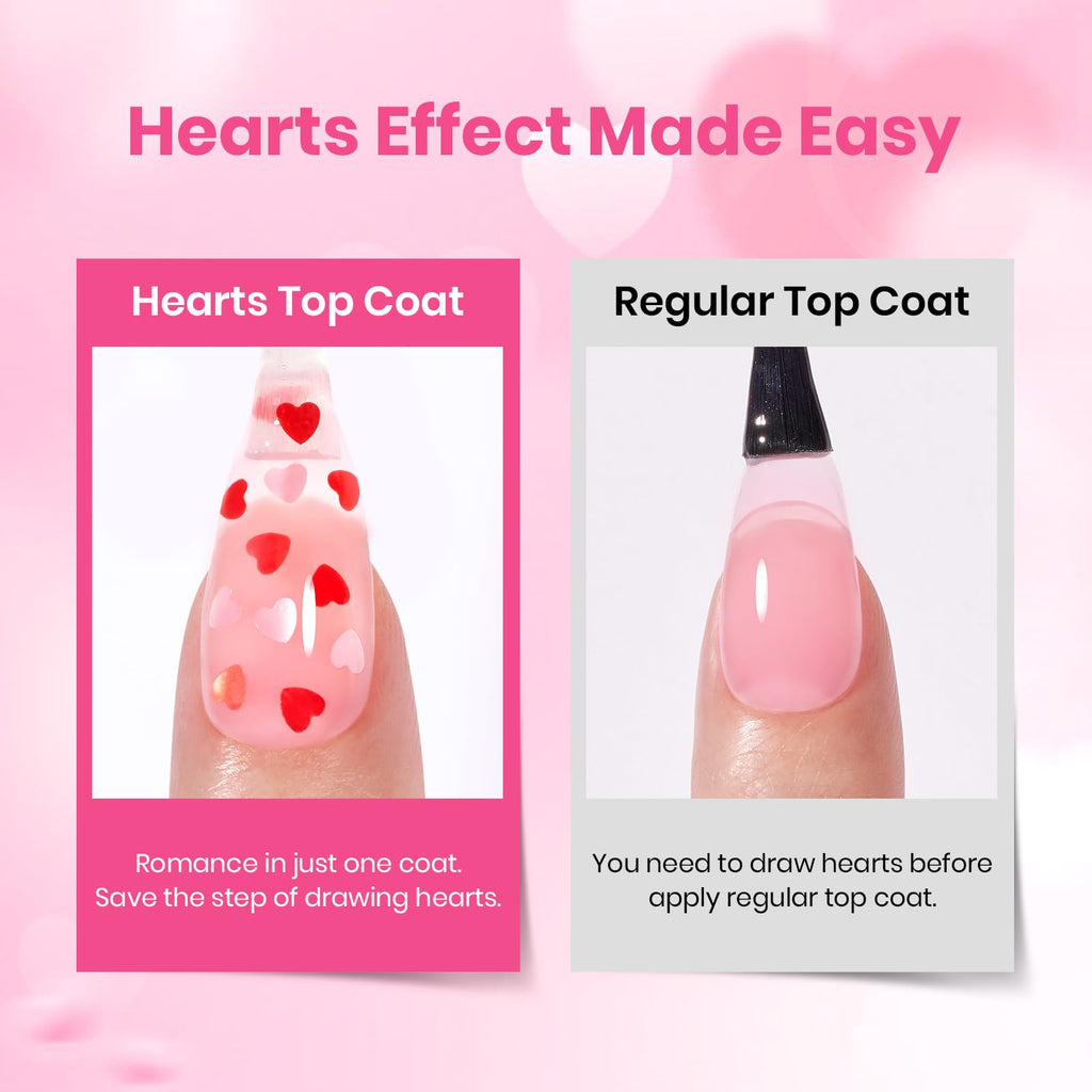 Beetles Heart Gel Top Coat 15ml - Hema Free Glitter Shine No Wipe Top Coat Long-Lasting for Gel Polish, Pink Heart Sparkle Soak Off UV LED Gift for Women