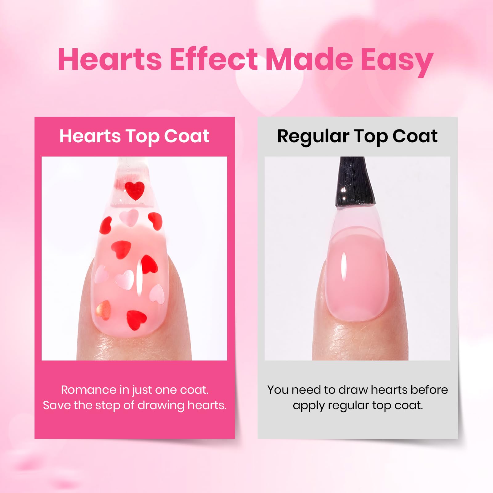 Beetles Heart Gel Top Coat 15ml - Hema Free Glitter Shine No Wipe Top Coat Long-Lasting for Gel Polish, Pink Heart Sparkle Soak Off UV LED Gift for Women