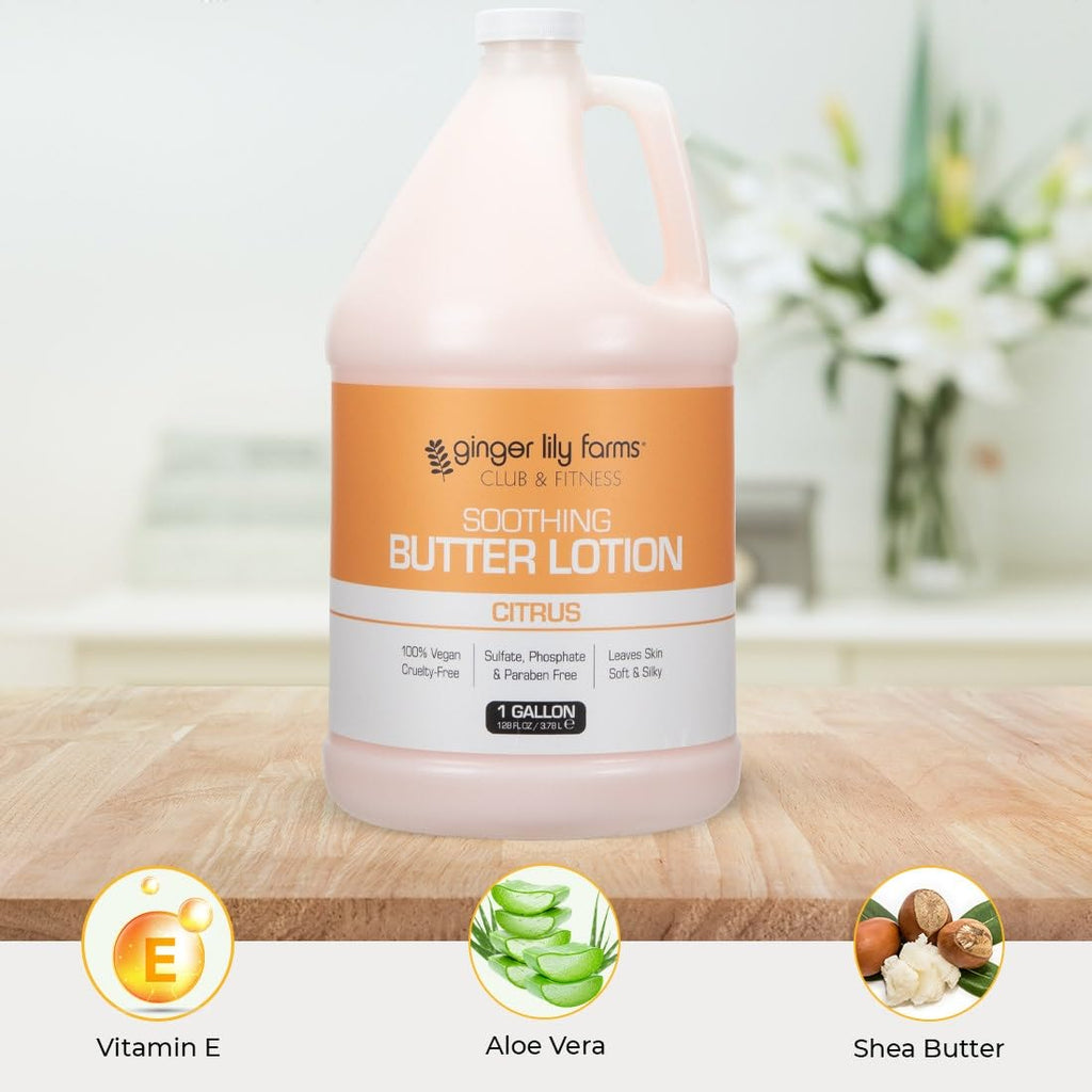 Ginger Lily Farms Club & Fitness Soothing Butter Lotion for Dry Skin, 100% Vegan & Cruelty-Free, Aloe Vera Scent, 1 Gallon (128 fl oz) Refill
