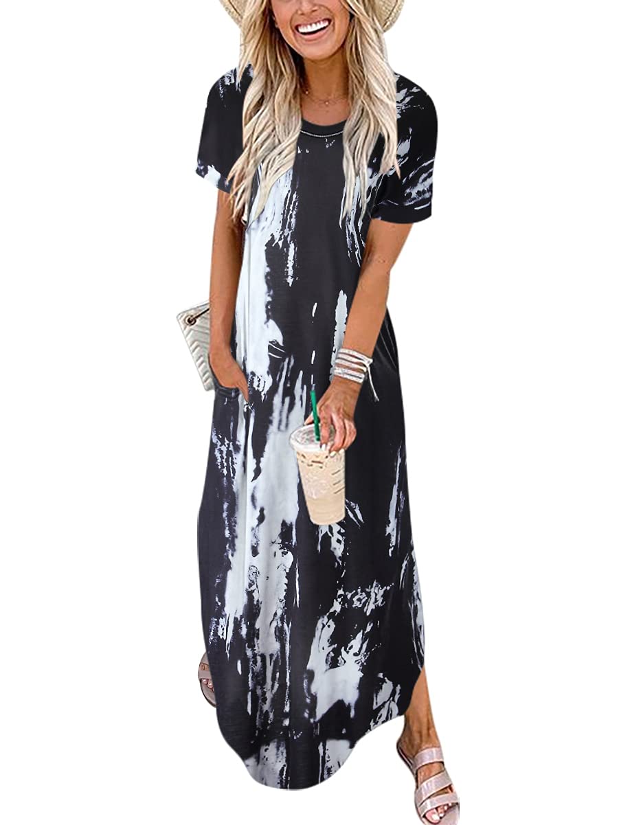 ANRABESS Womens Summer Maxi Dress Short Sleeve Casual Loose Long T Shirt Dresses Split Vacation Beach Sundress Travel Outfits