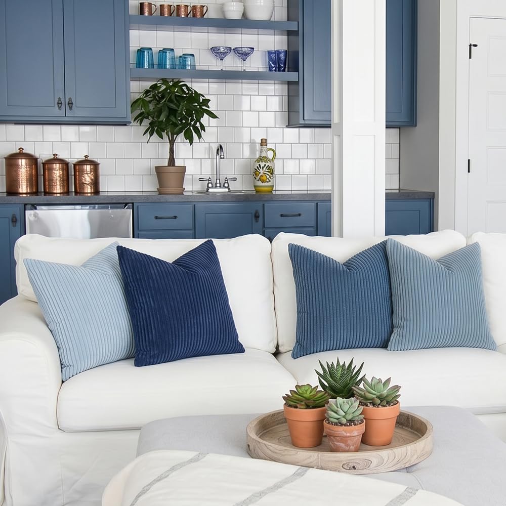 LANANAS Neutral Couch Throw Pillow Covers 18x18 Inch Set of 4 Decorative Farmhouse Boho Throw Pillows for Living Room, Couch, Bed, Sofa Soft Corduroy Accent Home Decor (Blue Ocean, 18x18 Inch)