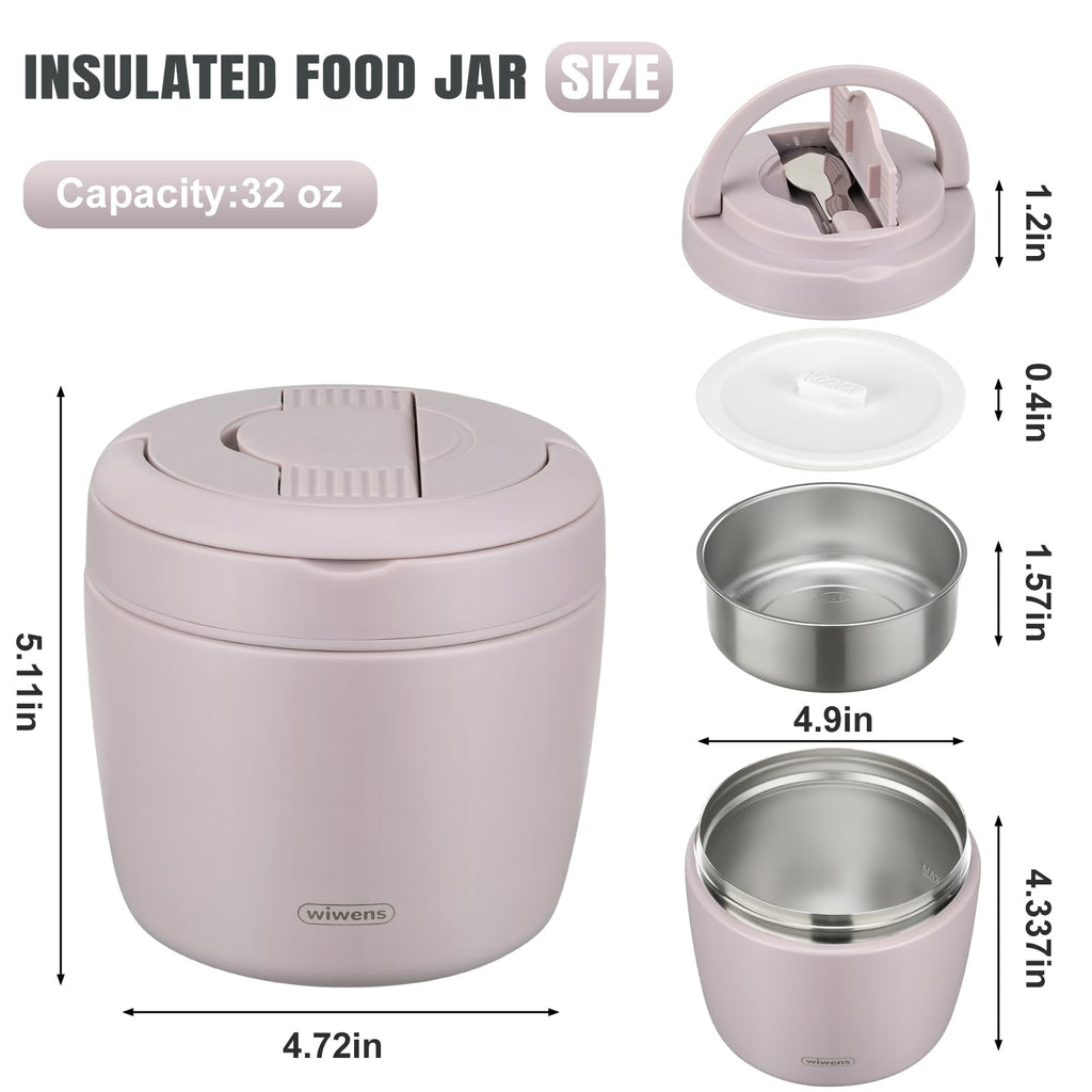 wiwens Thermo Food Jar for Hot Food Adults 32OZ Soup Thermo Lunch Containers Wide Mouth Vacuum Insulated Stainless Steel Leakproof Bento Box with Spoon (Beige)