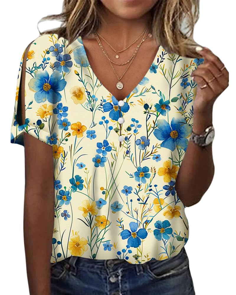 HOTYD Women's Boho Floral Print Ladies Short Sleeve Tops Summer Blouses Dressy Casual V Neck Cold Shoulder Tunic Tops