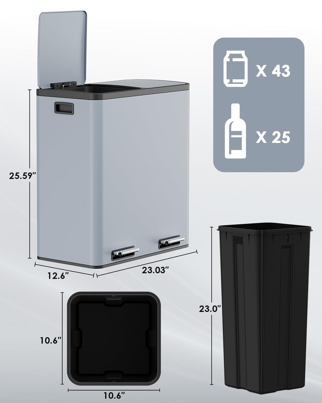 60L(16 Gal) Dual Trash Can, Stainless Steel Kitchen Garbage Can, Double Compartment Classified Rubbish Bin, Recycle Dustbin w/Plastic Inner Buckets, Soft-Close Lid, Airtight, Black