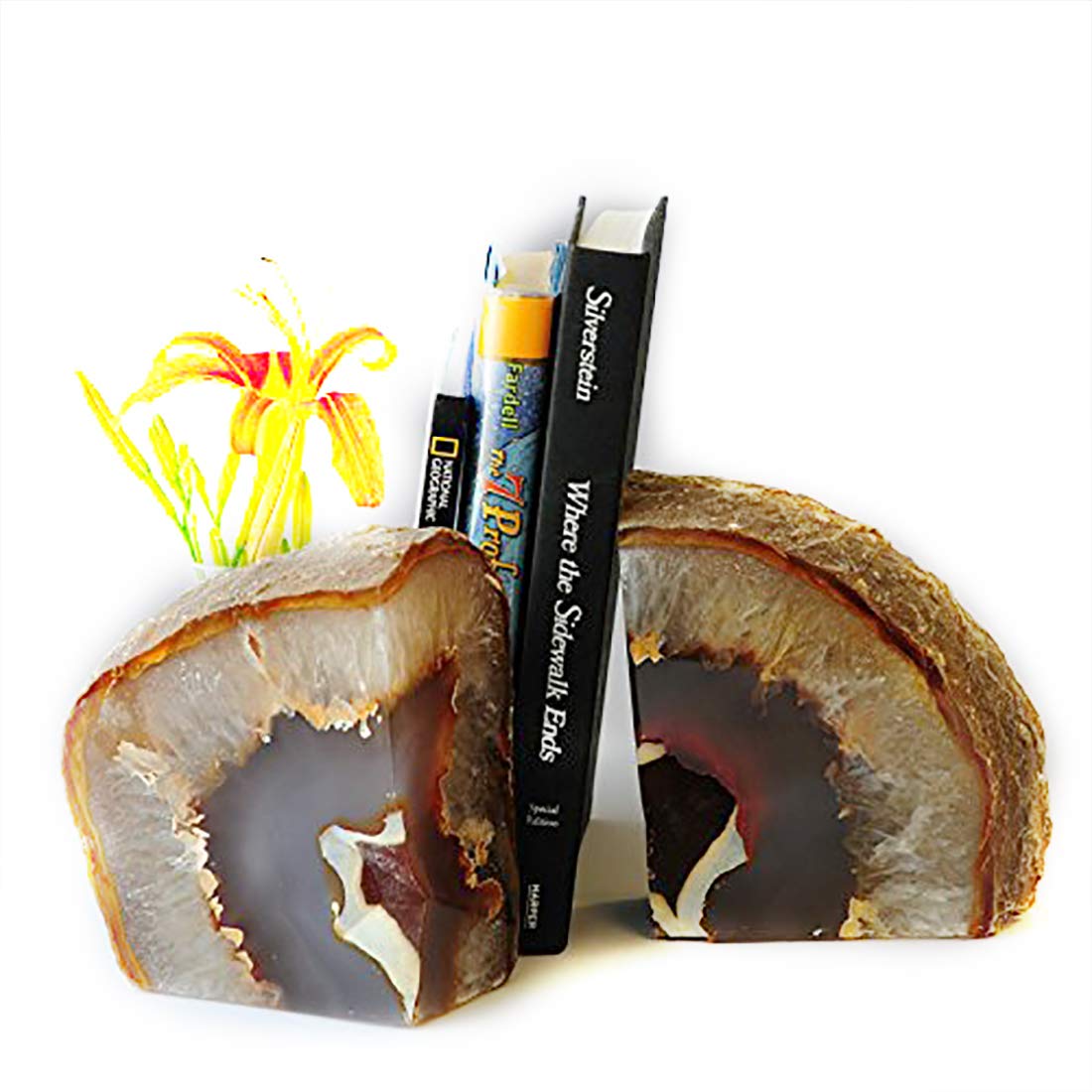JIC Gem Black Agate Geode Bookends 2-3 Lbs Anti-Slip Rubber Pads Heavy Duty | 1Pair Natural Black Agate Crystal Decor for Shelves & Desk, Unique Small Stone Book Holder Gift for Office & Home Decoration
