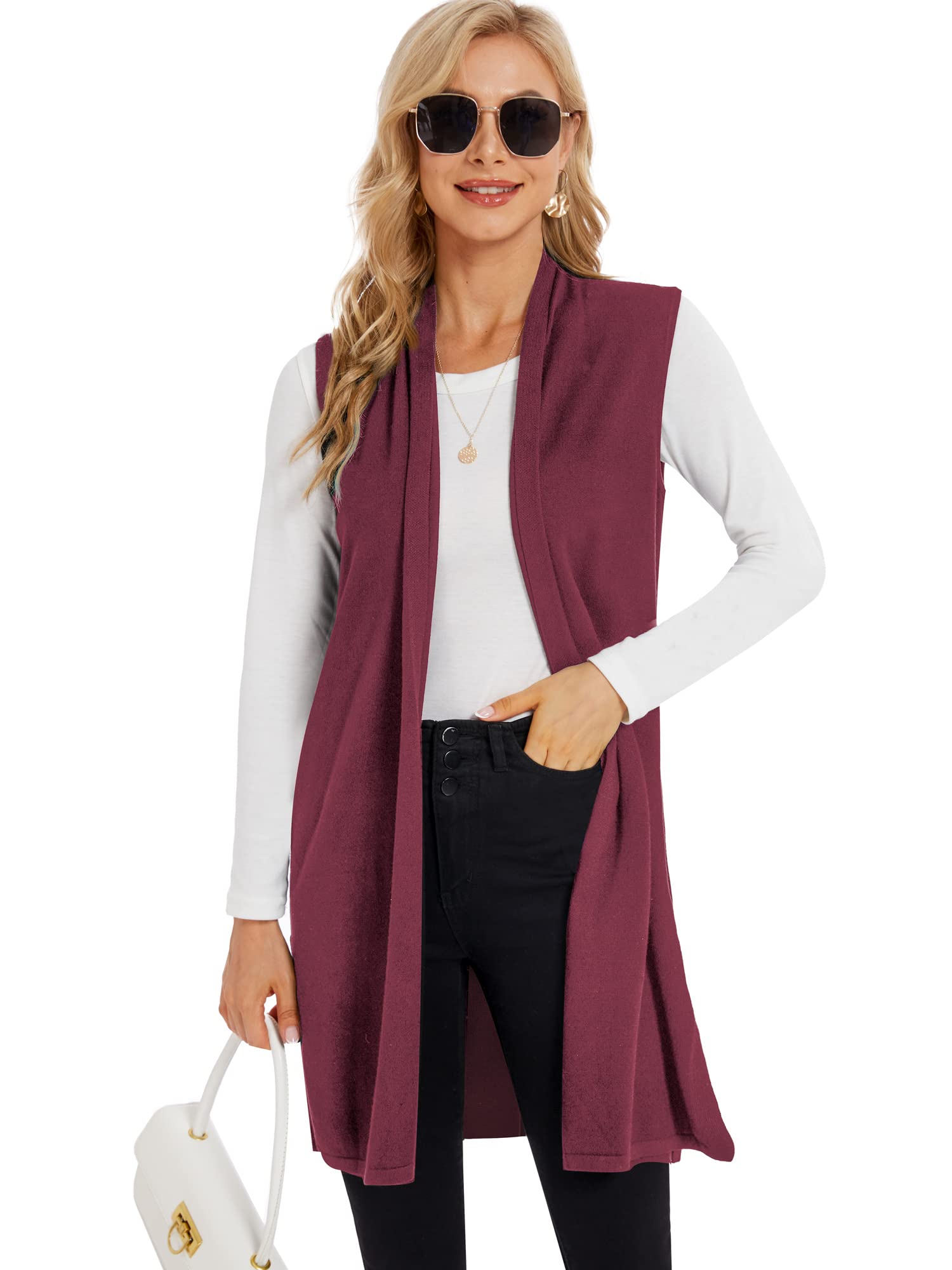 Moss Rose Women's Long Knit Cardigan Vest Casual Sleeveless Open Front Draped Duster Vest (Available in Plus Size)