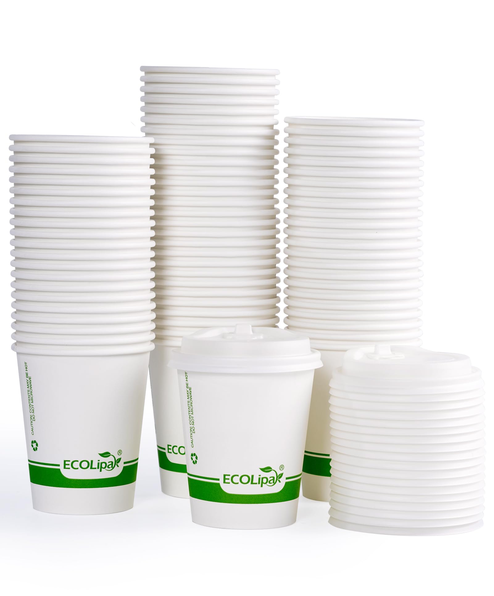 ECOLipak 100 Count 12 oz Compostable Paper Coffee Cups, Biodegradable Disposable Coffee Cups with CPLA Lid, Eco-friendly Hot Drinking Cups for Party, Picnic, Travel, and Events