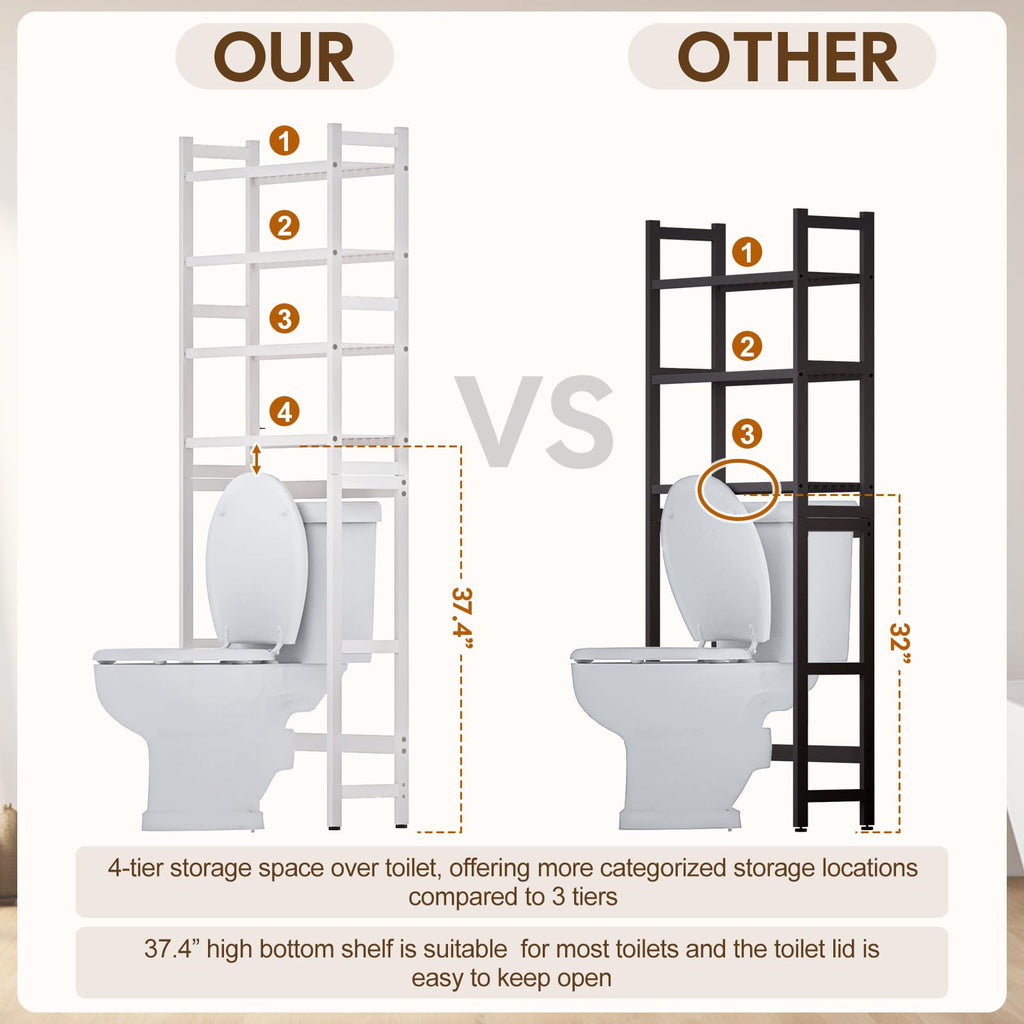 Cozivolife Over The Toilet Storage: 4-Tier Bamboo Organizer Rack with 2 Baskets & Paper Holder & 4 Hooks & Waterproof Feet Pad, Adjustable Freestanding Shelf for Bathroom (Brown)