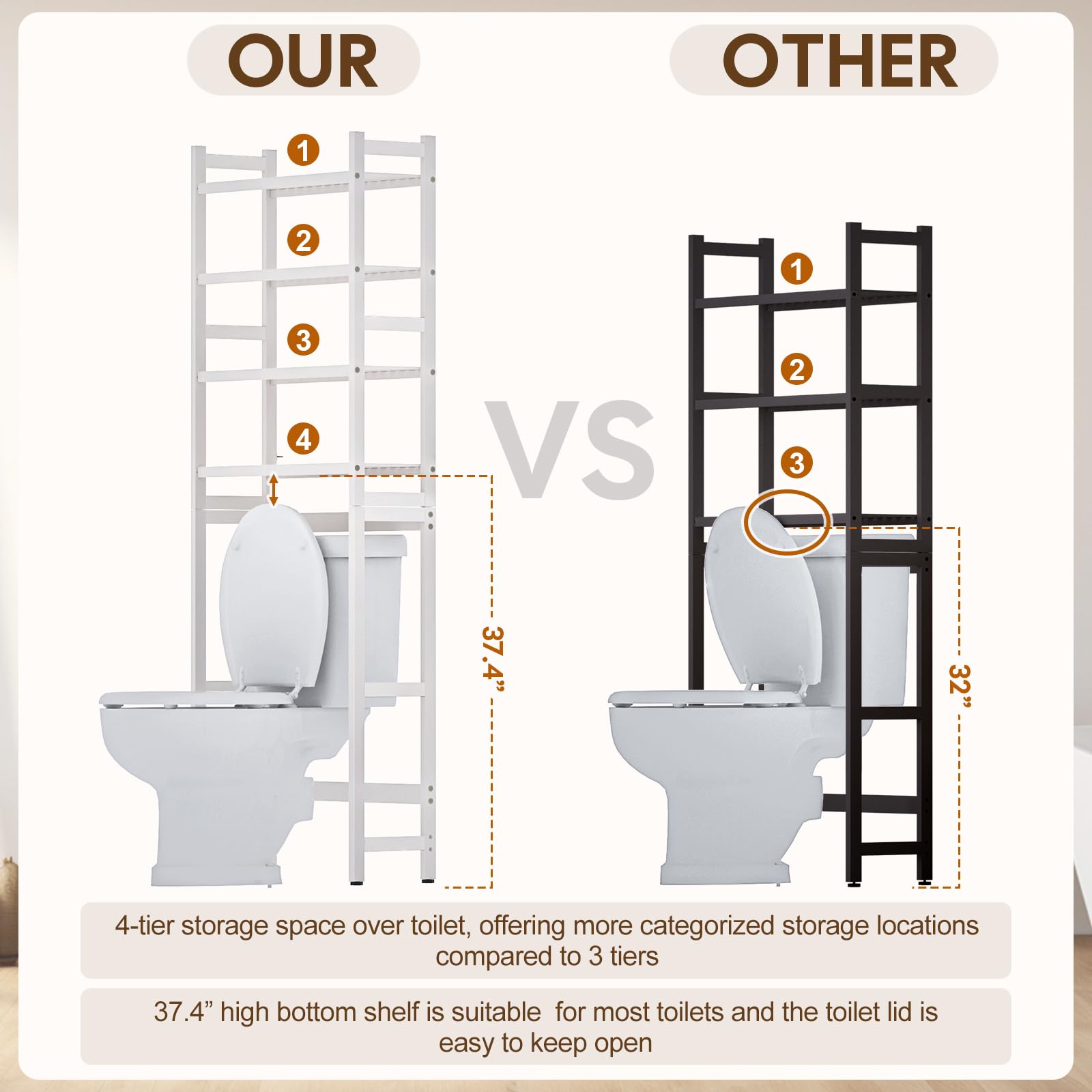 Cozivolife Over The Toilet Storage: 4-Tier Bamboo Organizer Rack with 2 Baskets & Paper Holder & 4 Hooks & Waterproof Feet Pad, Adjustable Freestanding Shelf for Bathroom (Brown)