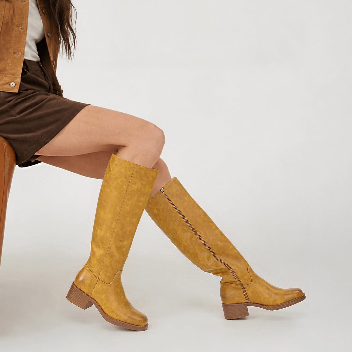 DOBOLIN Wide Calf Knee High Boots for Women Tall Fall Boots Square Toe