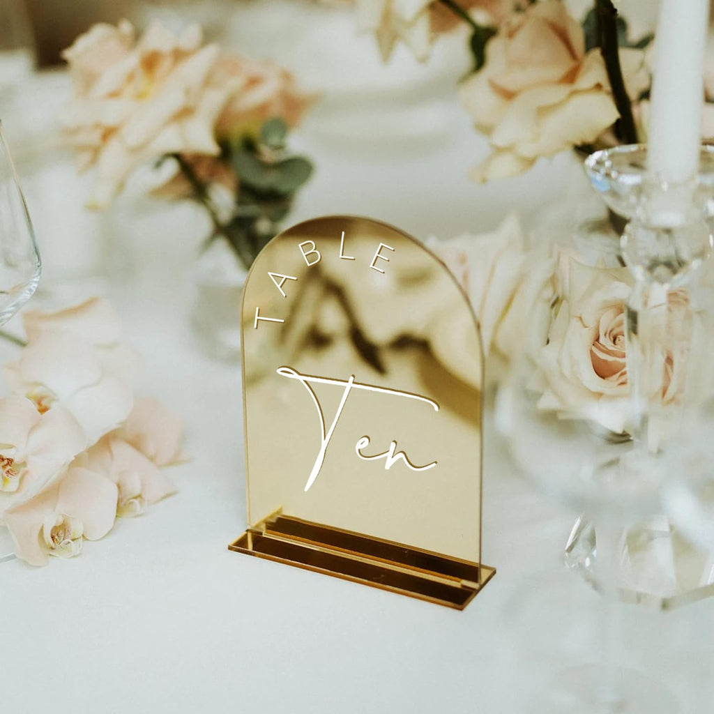 Black Arched Wedding Table Numbers 1-10 with Stands, 5x7 Inch Black Arch Acrylic Sign with Gold Letters, Acrylic Table Numbers for Wedding Reception