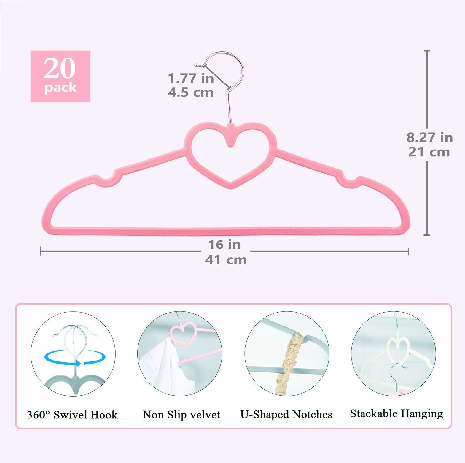 Velvet Hangers 20 Pack,16 Inch Non Slip Adult Heart Hanger (Black) | 360° Swivel Hooks, Cascade Design, Space Saving