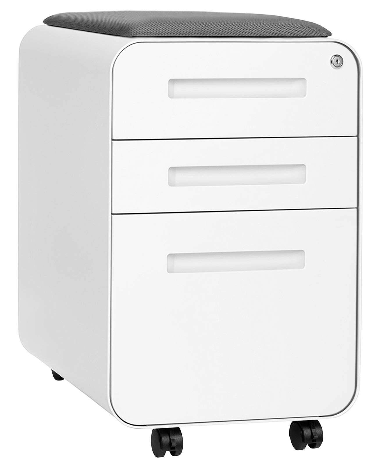 Laura Davidson Furniture STOCKPILE Curve Seated 3-Drawer Mobile File Cabinet with Removable Magnetic Cushion Seat - Metal Filing Cabinet, Pre-Assembled, Black with Dark Grey Cushion