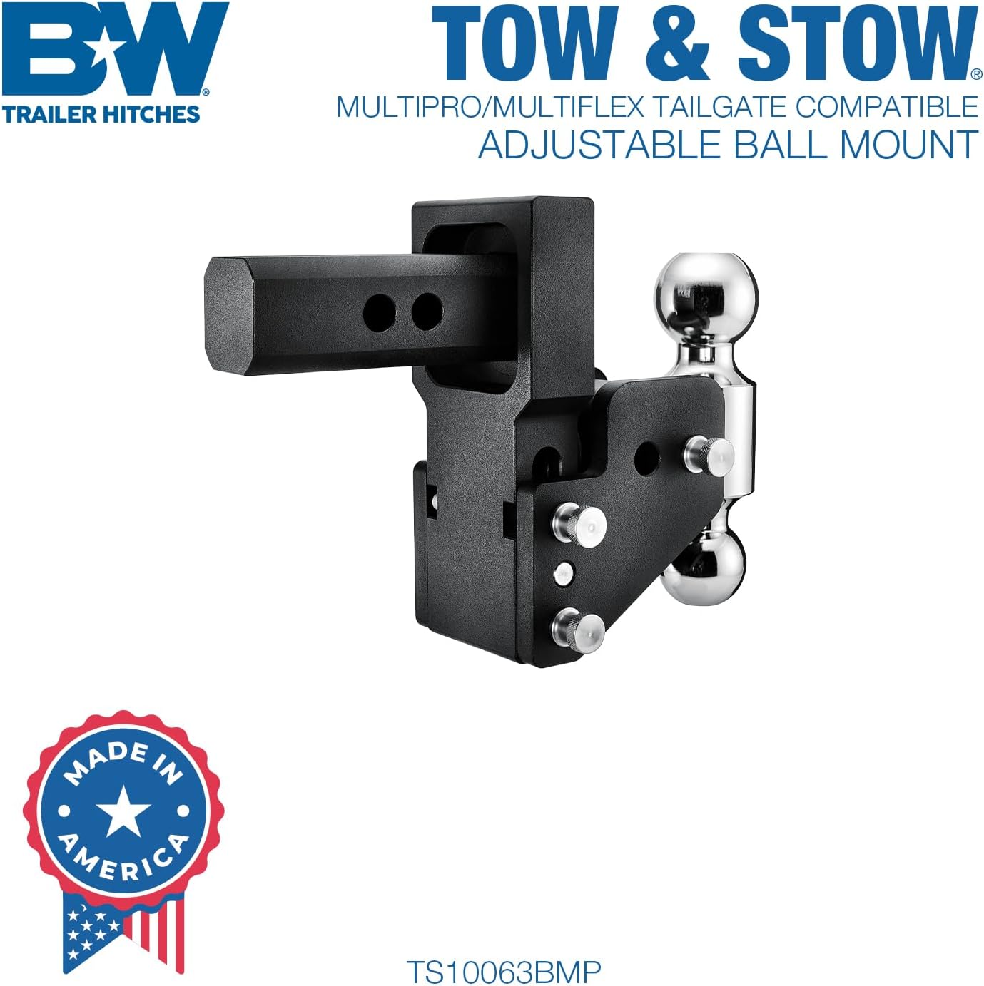 B&W Trailer Hitches MultiPro Tow & Stow Adjustable Trailer Hitch Ball Mount Compatible with MultiPro Tailgate - Fits 2" Receiver, Dual Ball (2" x 2-5/16"), 4.5" Drop, 10,000 GTW -TS10065BMP