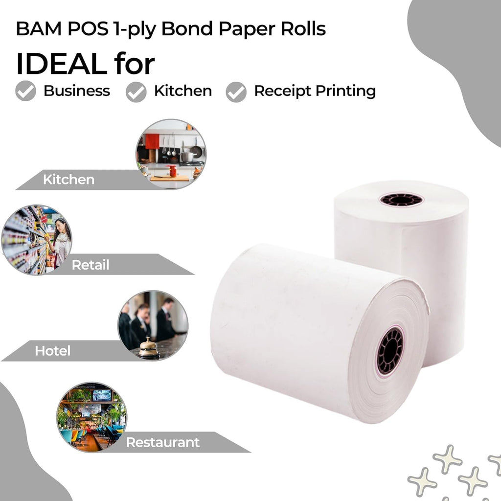 BAM POS 3" x 150' 1ply Bond (Non-Thermal) Receipt Paper Rolls for Kitchen Impact Printers TMU200, SRP275 Star SP700 - Suitable For Printing Kitchen Tickets and Order receipts (12 Rolls Per Case)