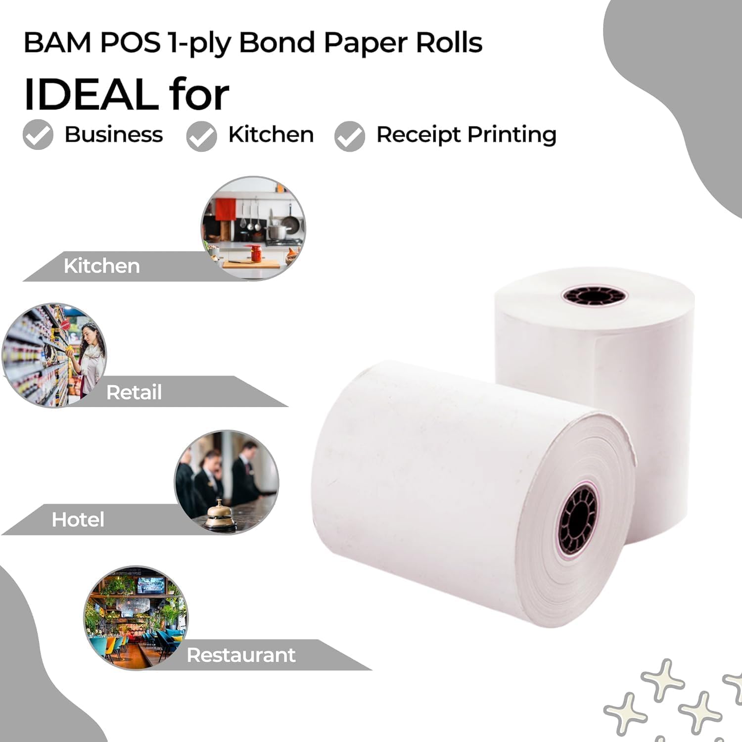 BAM POS 3" x 150' 1ply Bond (Non-Thermal) Receipt Paper Rolls for Kitchen Impact Printers TMU200, SRP275 Star SP700 - Suitable For Printing Kitchen Tickets and Order receipts (12 Rolls Per Case)