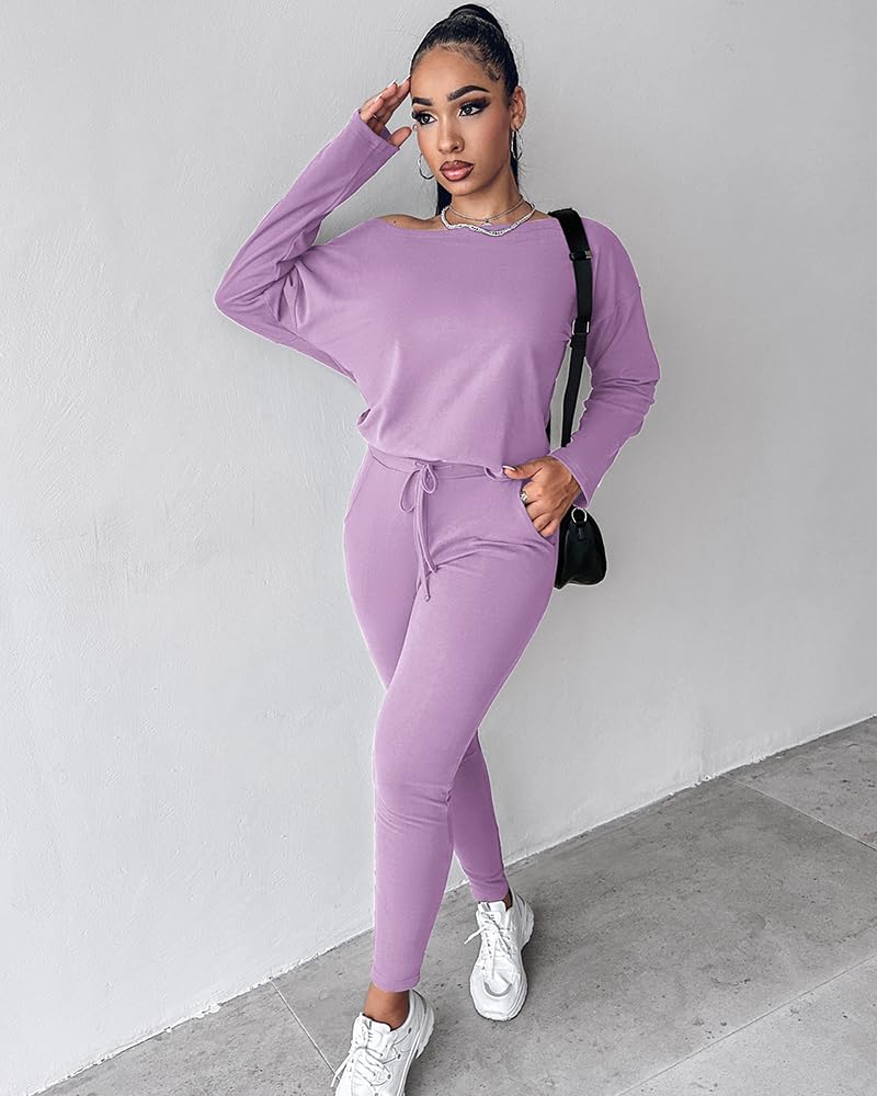 CHICME Women Tracksuit Fall 2 piece Outfits Off The Shoulder Long Sleeve Tops and Pants Set Travel Outfits
