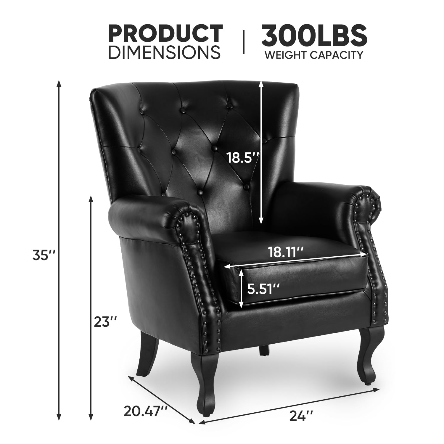 MOJAY PU Leather Accent Chair, Mid-Century Modern Armchair Living Room Club Chair with Tufted Button & Rivet Trim, Upholstered Sofa Chair with Sturdy Wood Legs for Bedroom (Black)