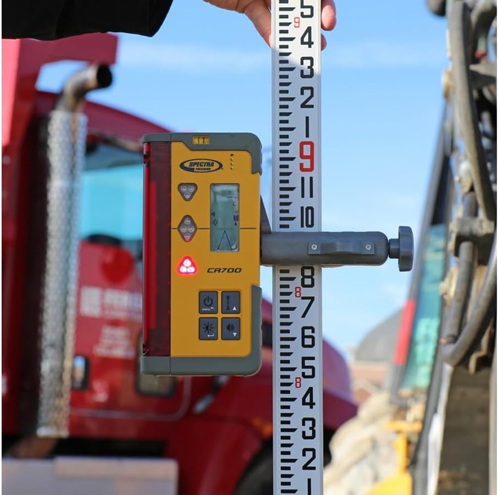 Spectra Precision HR150U Laser Receiver for Interior Leveling with red or green beam rotating lasers. Dual Sided LED Display, Magnetic Mount, Includes Rod Clamp and Alkaline Batteries