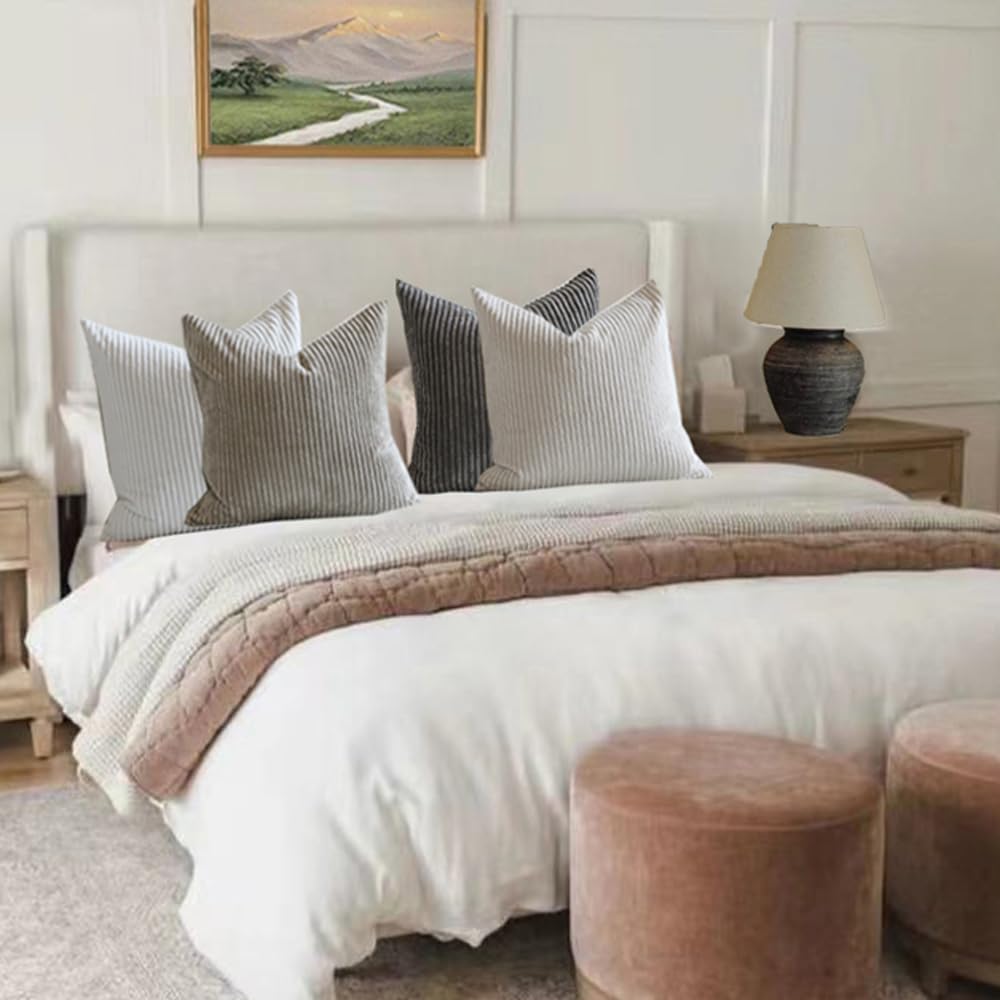 LANANAS Neutral Couch Throw Pillow Covers 18x18 Inch Set of 4 Decorative Farmhouse Boho Throw Pillows for Living Room, Couch, Bed, Sofa Soft Corduroy Accent Home Decor (Blue Ocean, 18x18 Inch)