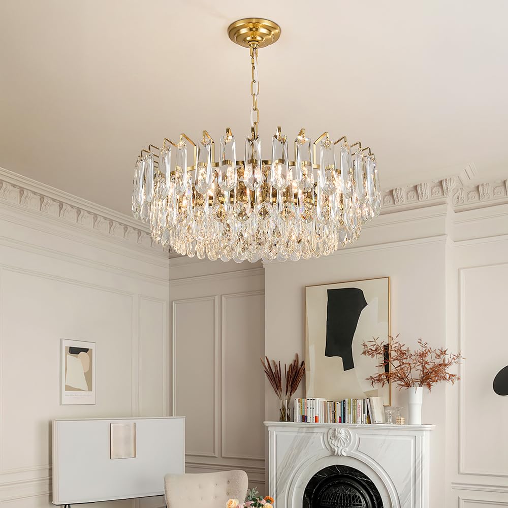 23.6" Modern Crystal Chandelier with Grey Crystal Gold 3-Tier Luxury Pendant Light 12-Light Ceiling Pendant Lighting for Dinning Room Living Room Foyer