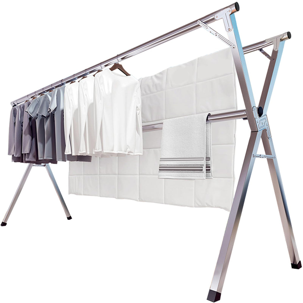 JAUREE 95 Inches Clothes Drying Rack, Drying Rack Clothing Folding Indoor Outdoor, Heavy Duty Stainless Steel Laundry Drying Rack, Foldable Portable Clothes Rack Garment Rack with 20 Hooks Black