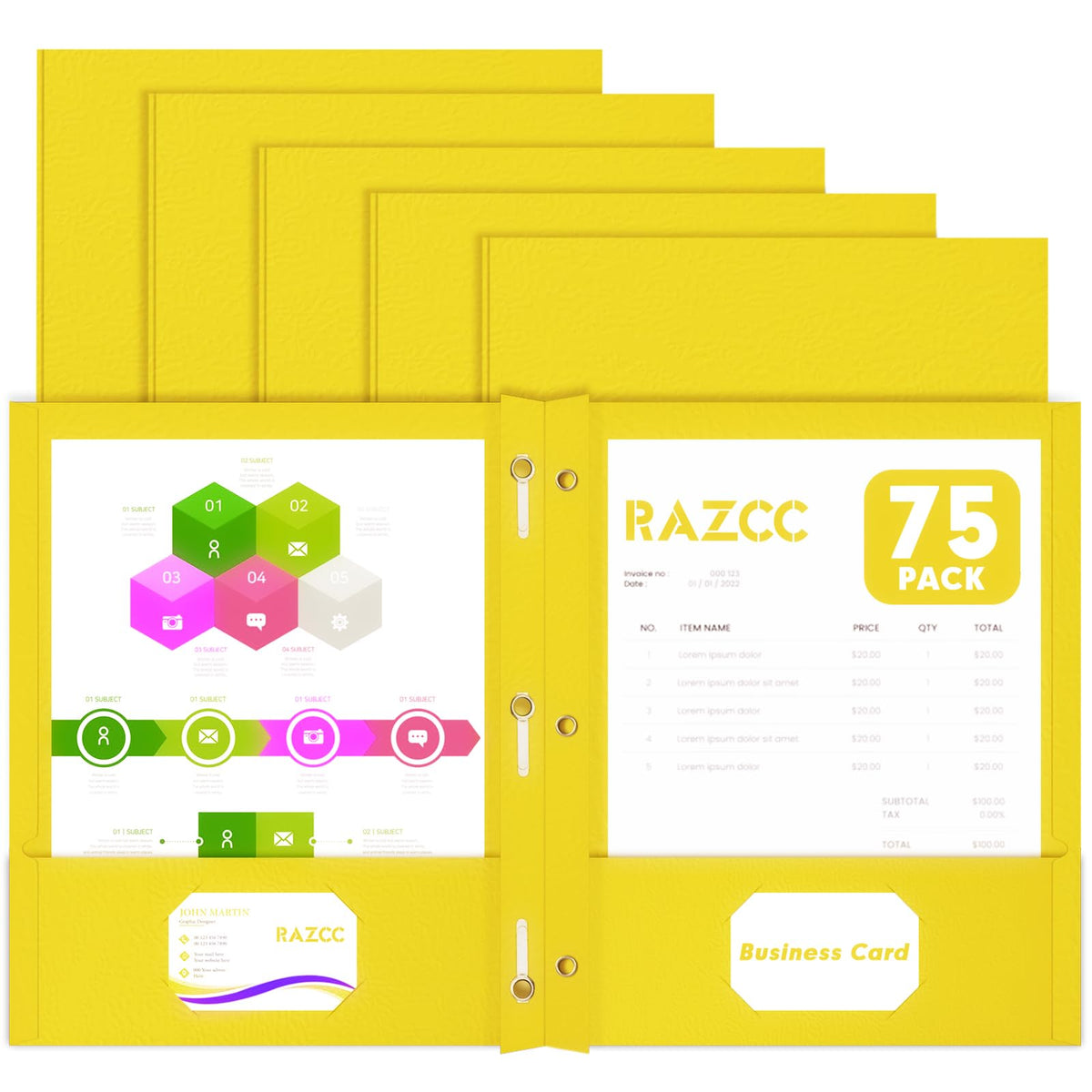 Two Pocket Folders, RAZCC 75 Pack Two Pocket Folders with Prongs, 3 Prong Pocket Folders Letter Size, Paper Folders with Prongs for School Office Home Business, Assorted 5 Colors