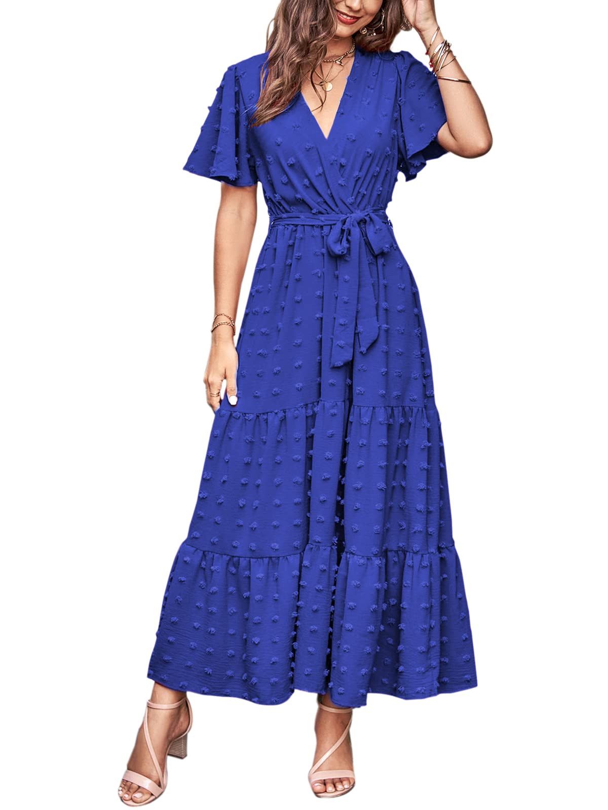 MASCOMODA Womens Summer Swiss Dot Maxi Dresses Wrap V Neck Flutter Short Sleeve Boho Casual Flowy Long Wedding Guest Dress