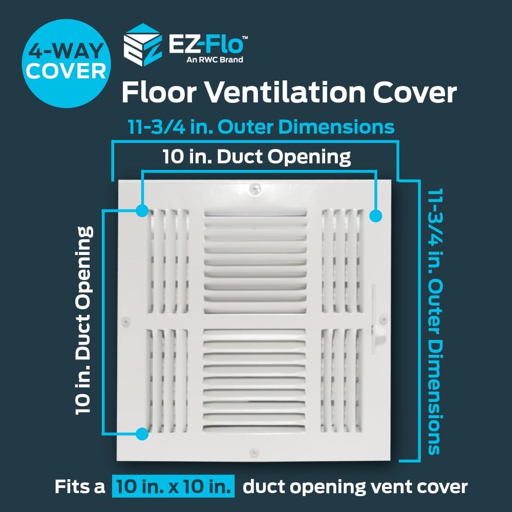 EZ-FLO 6 x 6 Inch (Duct Opening) Air Vent Cover for Wall or Ceiling, Four-Way Ventilation Register, Solid Steel HVAC Register Cover, White, 61617
