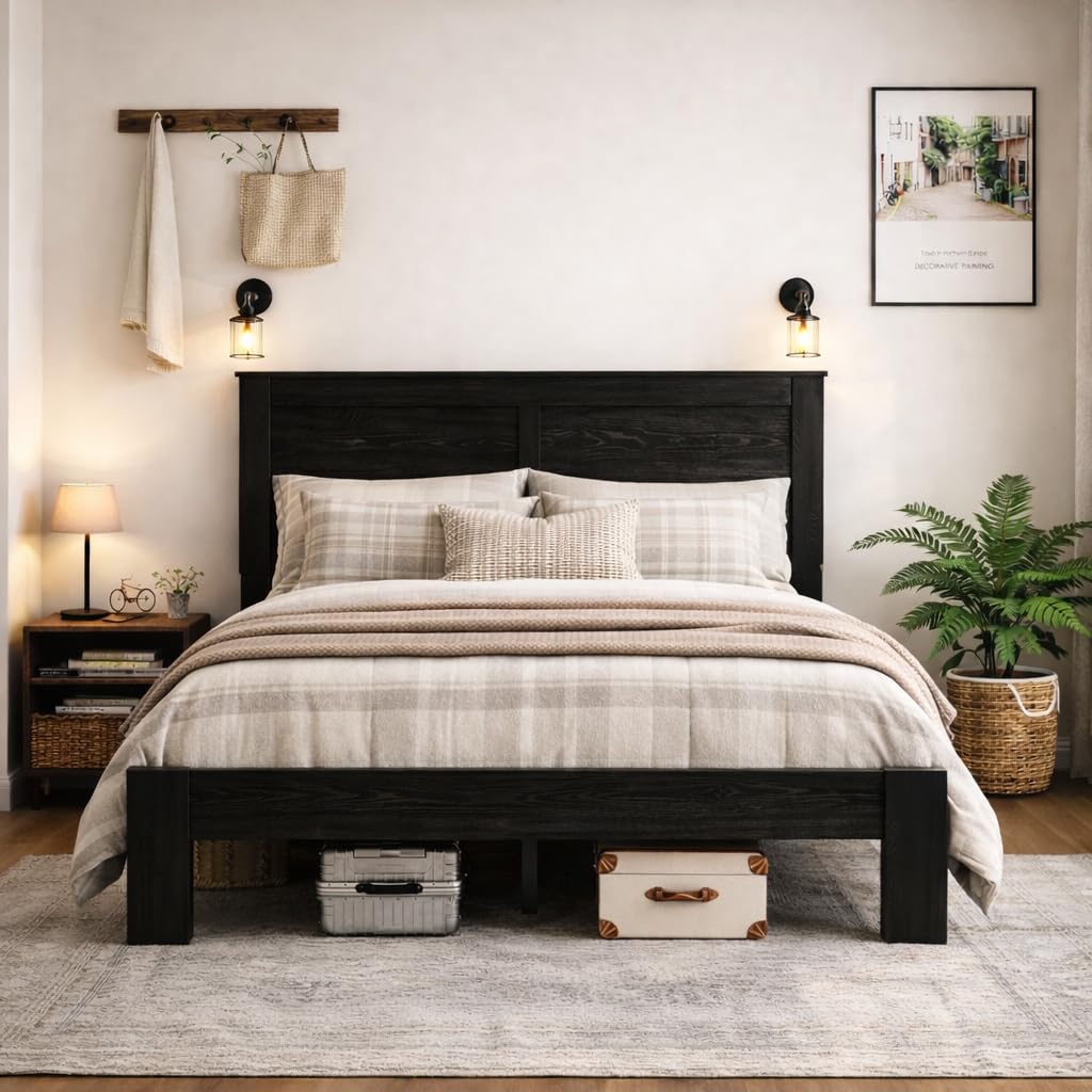 Wooden Bed Frame Full Size with Headboard, Farmhouse Platform Bedframe with Wood Slat Support, Sturdy Framework Bed Frame, Easy Assembly (Rustic Black)