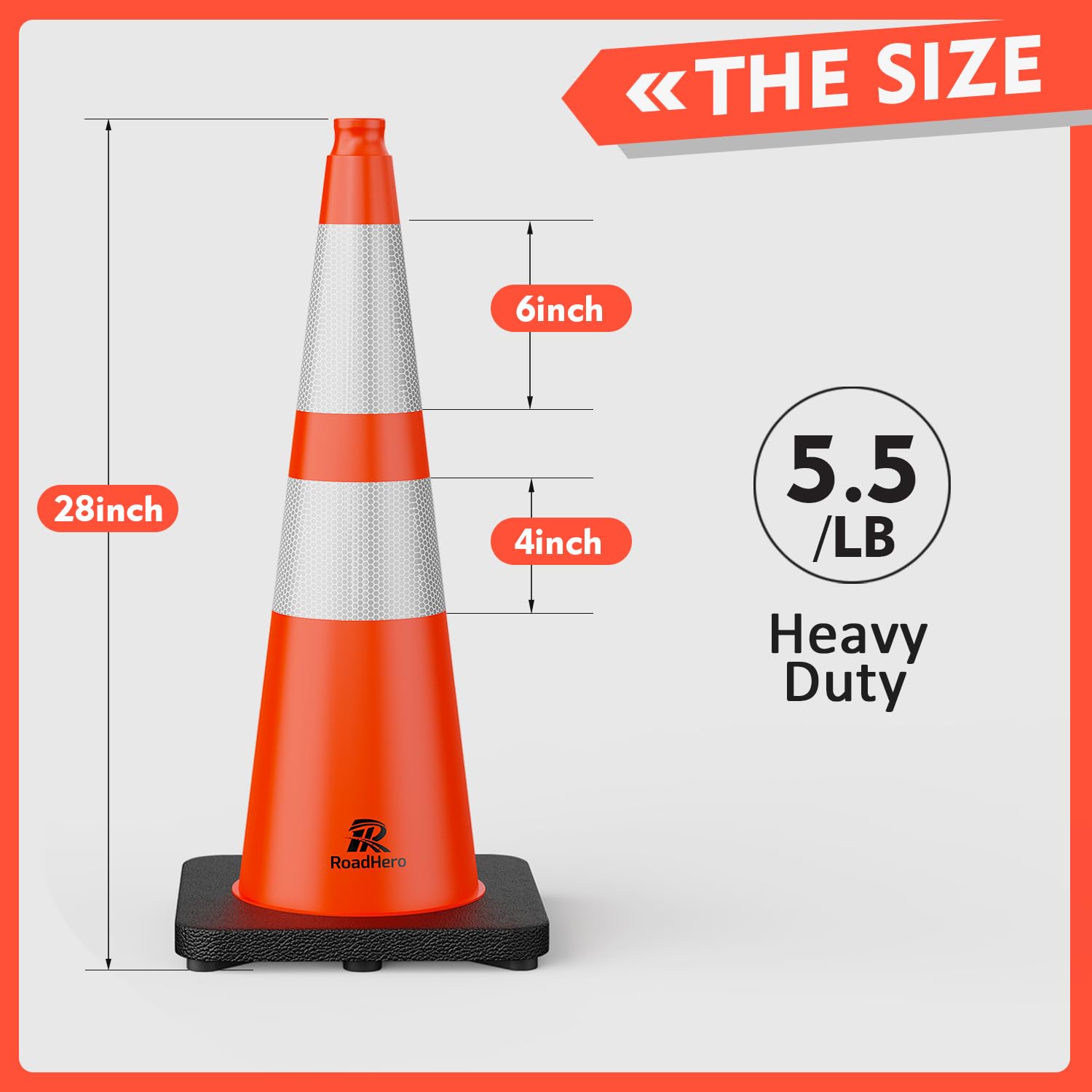 RoadHero 4 Pack Traffic Safety Cones 18 Inch with Black Weighted Base, Plastic PVC Cone, Orange Cones with Reflective Collar, Cones for Parking Lot, Construction Events, Road Safety