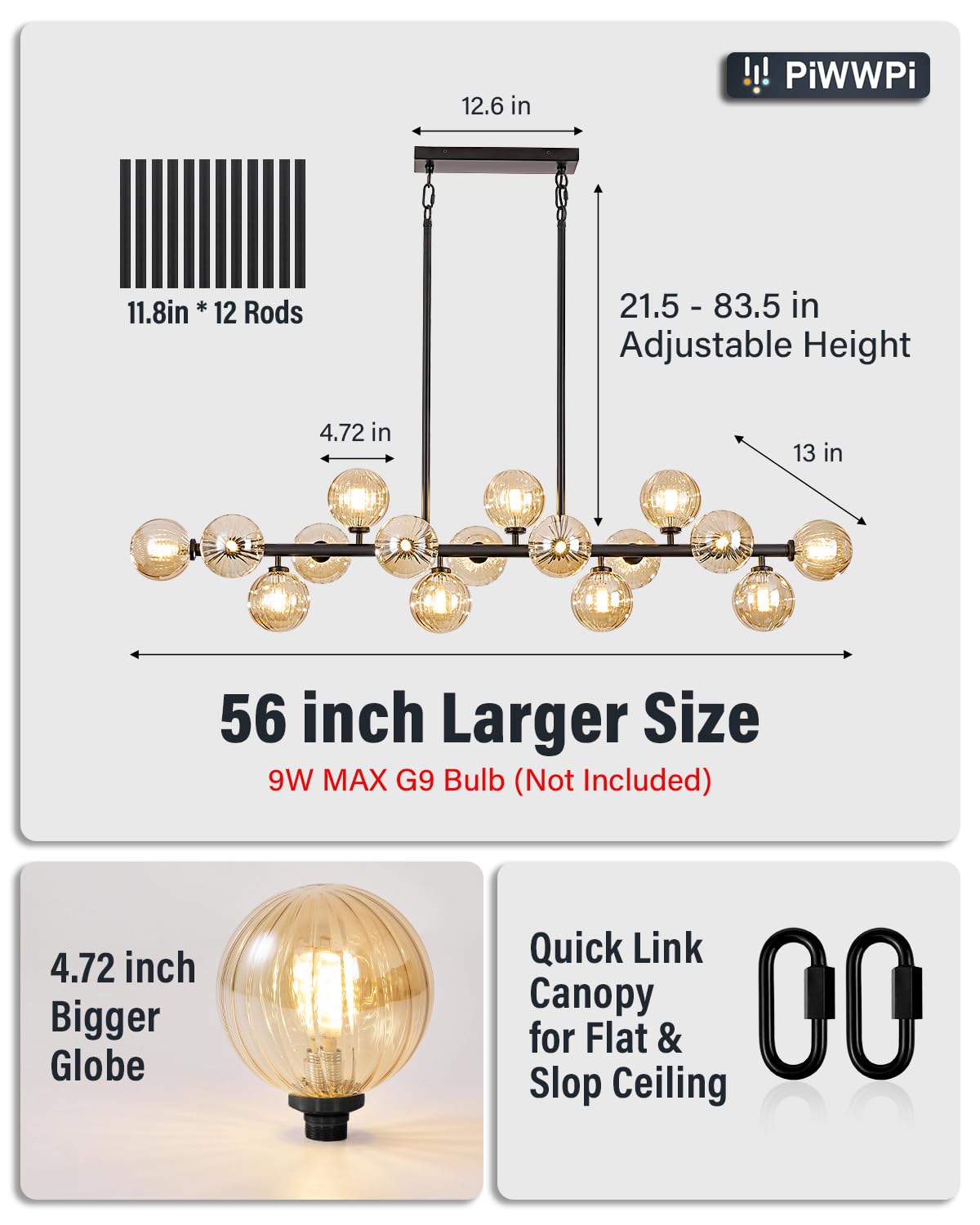 Modern Linear Chandeliers for Dining Room, 8-Light Globe Sputnik Pendant Ceiling Light, Black Dining Room Light Fixture Over Table, Mid Century Glass Milk White Bubble, 31.5 Inch, GC-09