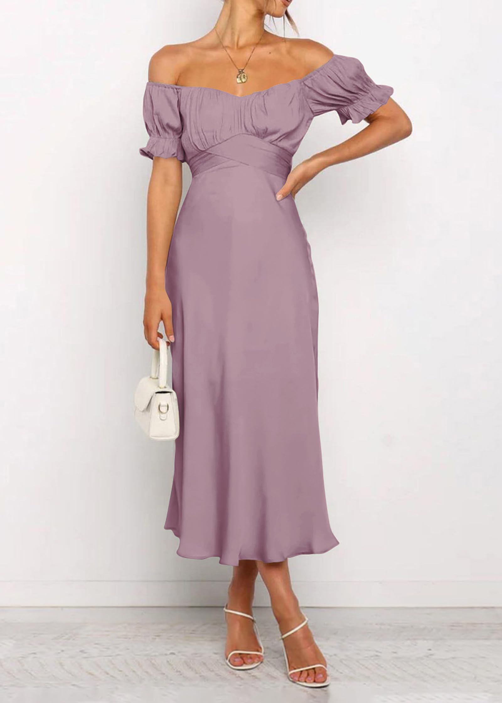 KIRUNDO Women's 2026 Spring Summer Satin Wedding Guest Midi Dress Off The Shoulder Wrap Party Cocktail Formal Prom Dresses