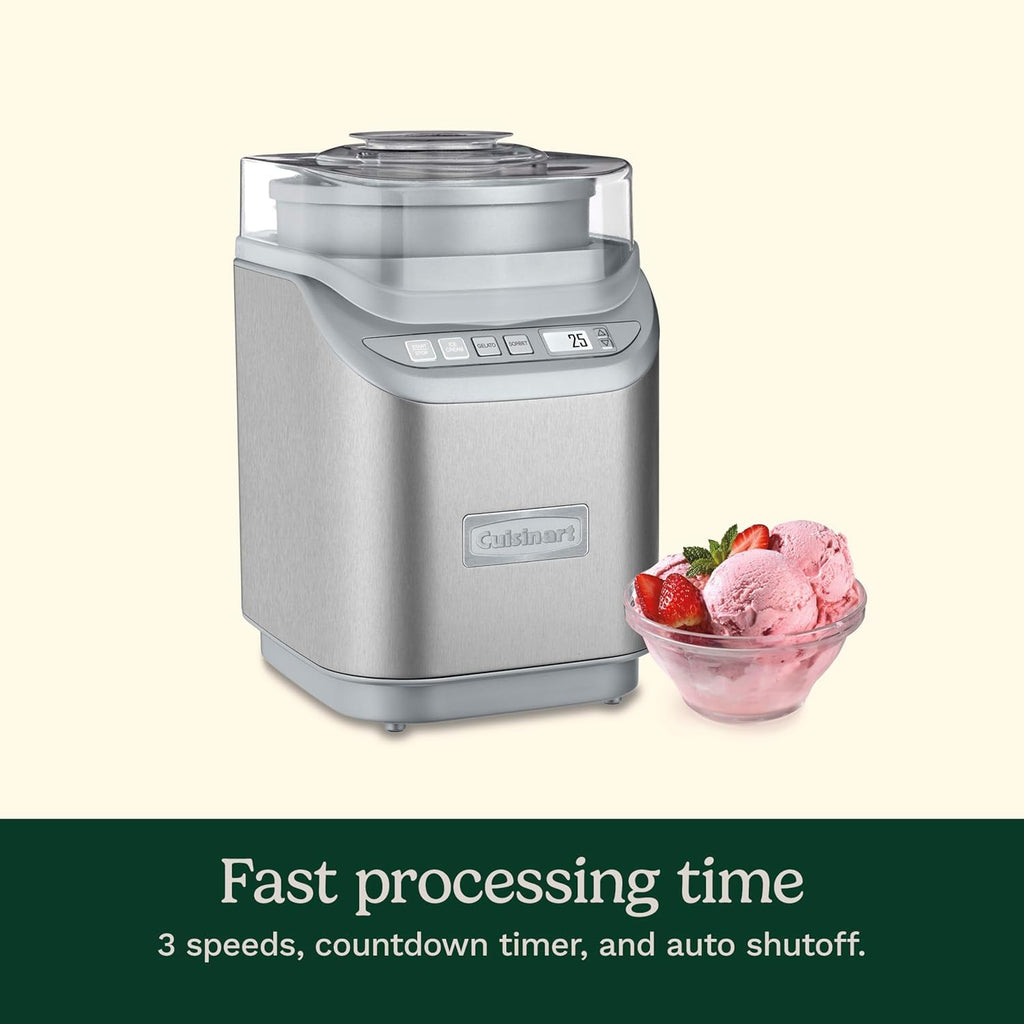 Cuisinart Ice Cream Maker Machine, 2-Quart Stainless Steel Frozen Yogurt, Gelato, Sorbet, Ready in 20 Minutes, LCD Screen and Timer (ICE-70C)