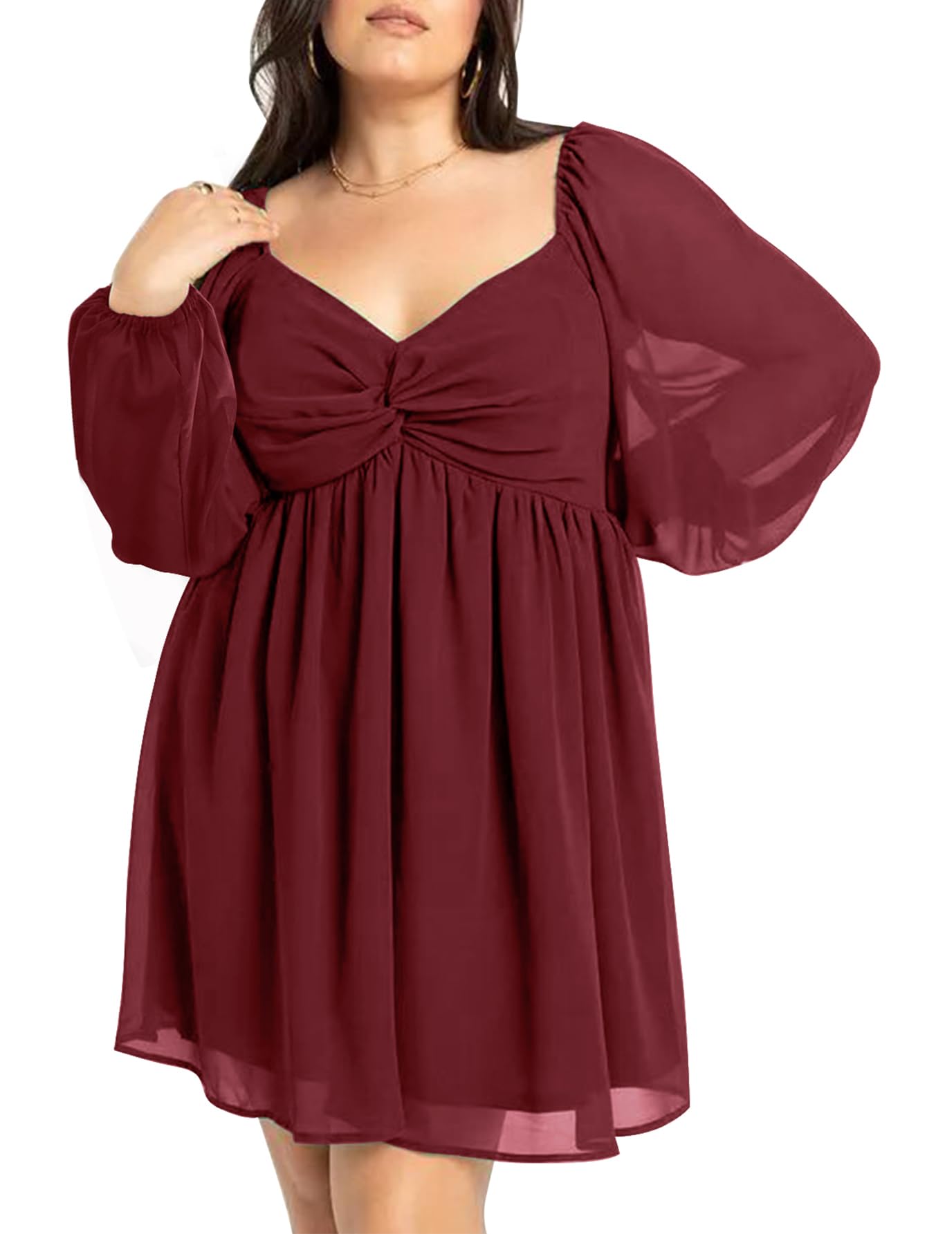 SCOMCHIC Women's Plus Size Puff Long Sleeve Dresses Sweetheart Neckline A Line Short Wedding Guest Cocktail Dress