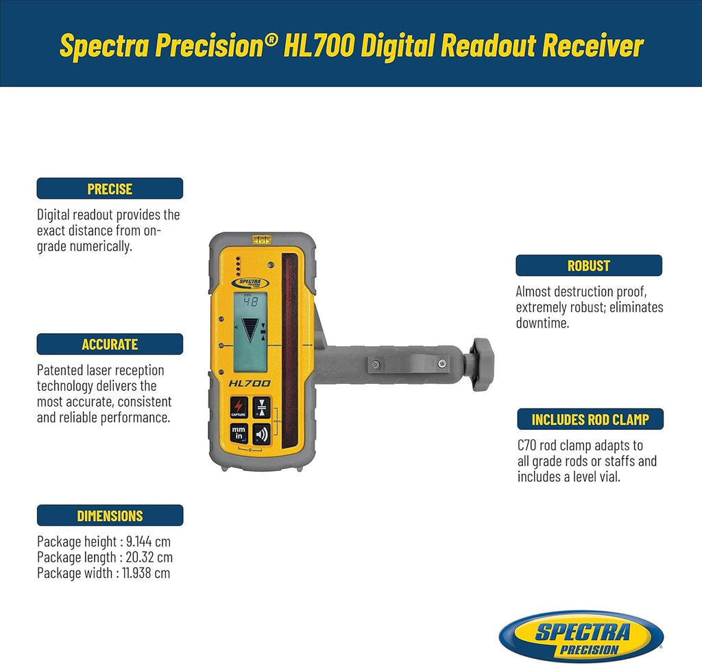 Spectra Precision HR150U Laser Receiver for Interior Leveling with red or green beam rotating lasers. Dual Sided LED Display, Magnetic Mount, Includes Rod Clamp and Alkaline Batteries