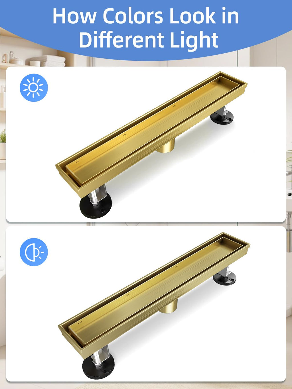 6 Inch Gold Shower Drain, Modern 2-in-1 Tiled Shower Drain - 304 Stainless Steel Square Shower Floor Drain for Bathroom, Brushed Gold Drain Shower with Tile Insert Grate Removable, Hair Strainer