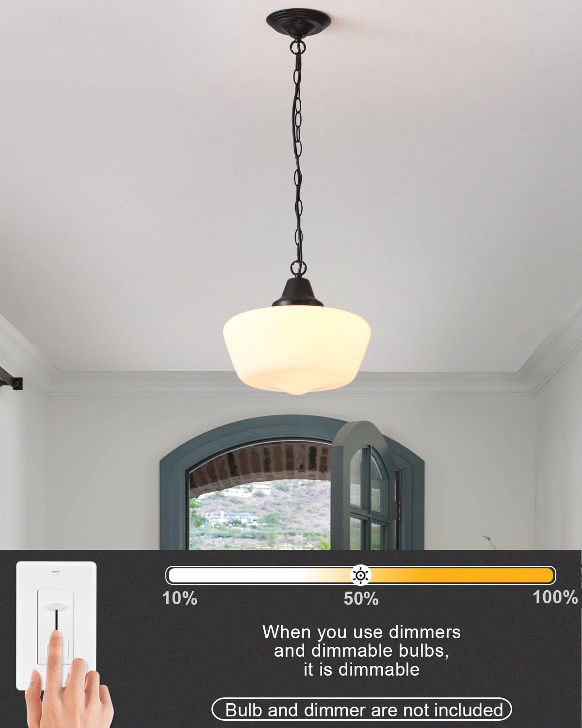 Schoolhouse Light Fixture, 12 Inch Black Finish with Milk Glass Semi Flush Mount Ceiling Light, Ceiling Light Fixture for Kitchen Hallway Entryway (Type C Pendant Light)