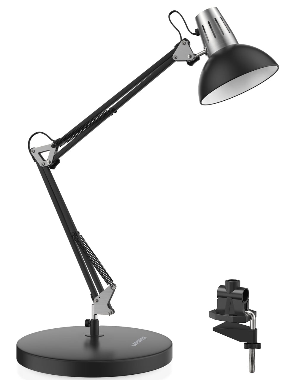 LEPOWER Metal Desk Lamp, Adjustable Goose Neck Architect Table Lamp with On/Off Switch, Swing Arm Desk Lamp with Clamp, Eye-Caring Reading Lamp for Bedroom, Study Room &Office (Sandy Black)