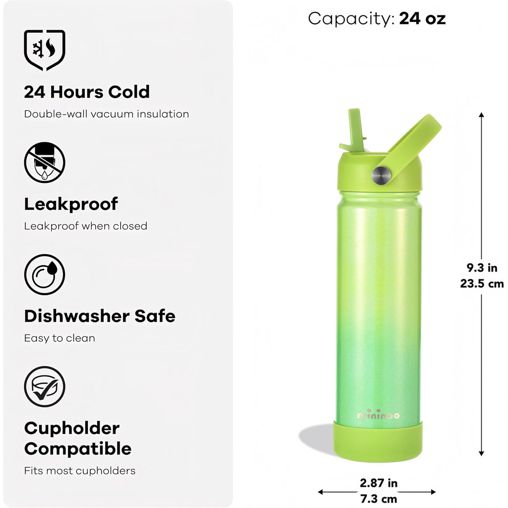 mininoo 24 oz Insulated Water Bottle with Straw Lid, Stainless Steel Double Wall Vacuum, Leak Proof, BPA Free, Keep Cold for 24H & Hot for 12H-2 pack(Black)