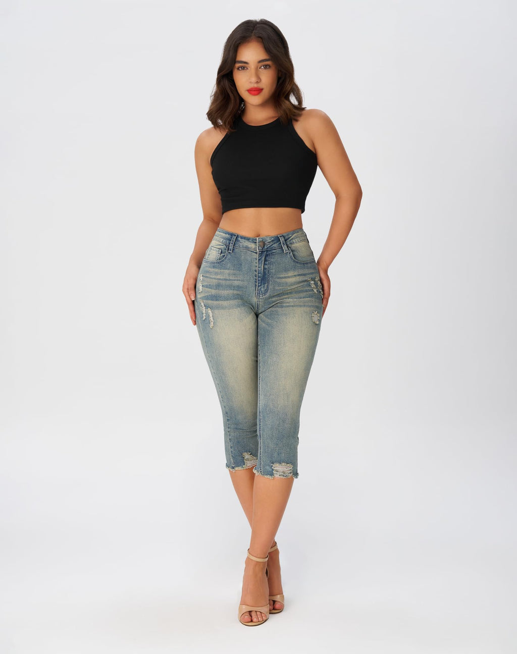 roswear Women's Capri Pants Mid Rise Skinny Ripped Stretchy Cropped Distressed Jeans