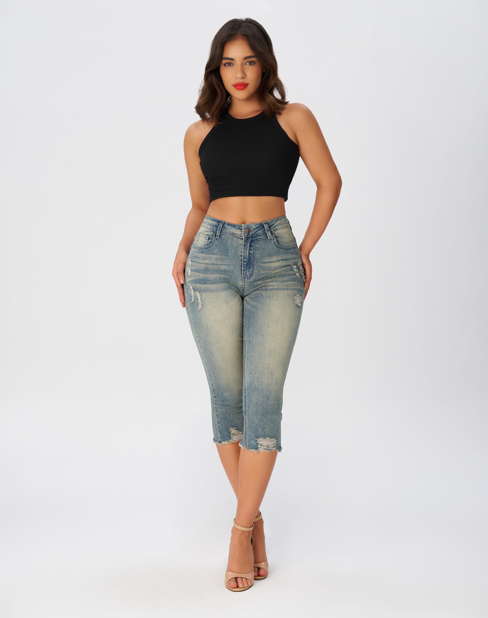 roswear Women's Capri Pants Mid Rise Skinny Ripped Stretchy Cropped Distressed Jeans