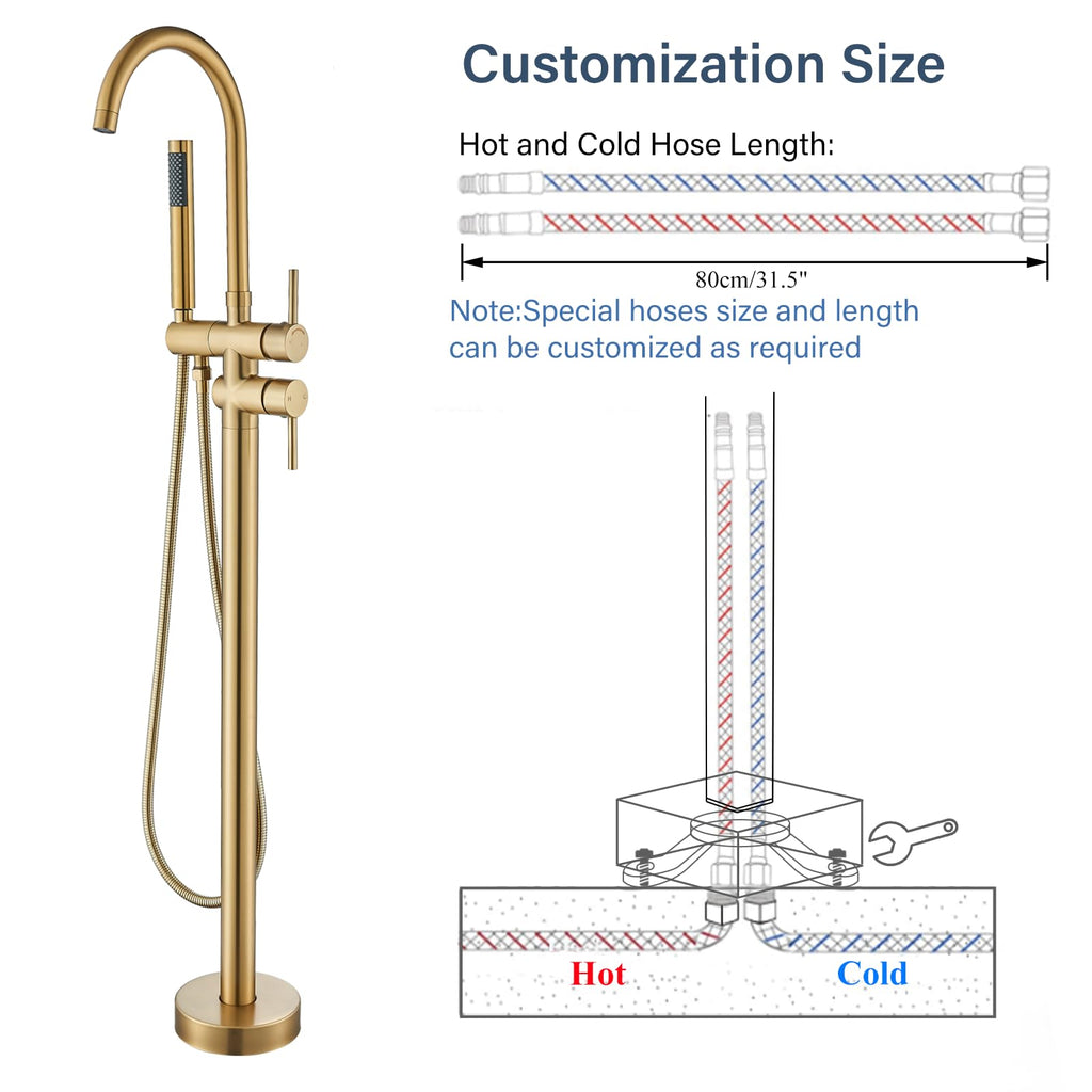 Brushed Gold Freestanding Bathtub Faucet with Hand Shower Tub Filler Faucet Floor Mounted High Flow Single Handle Bath Filler Solid Brass