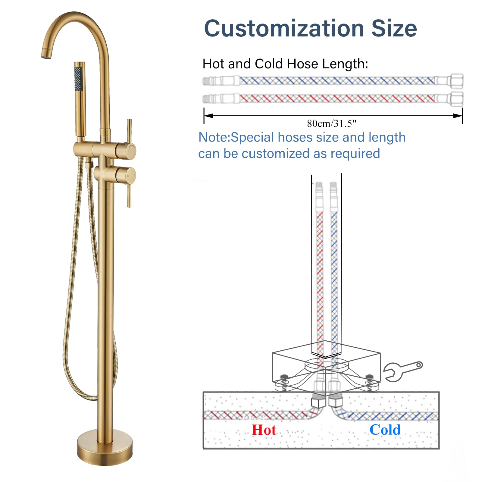 Brushed Gold Freestanding Bathtub Faucet with Hand Shower Tub Filler Faucet Floor Mounted High Flow Single Handle Bath Filler Solid Brass